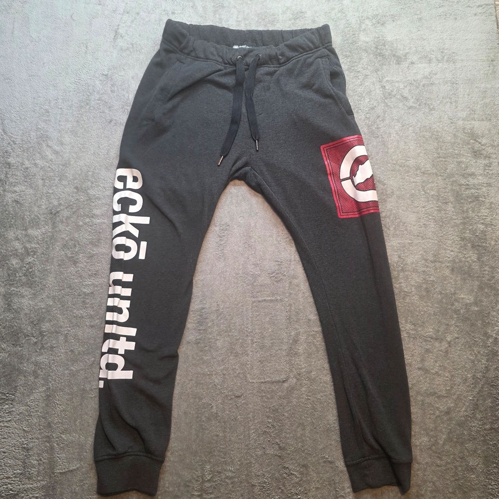 Ecko Unltd. Jogger Pants Mens L Gray Fleece Elastic Waist Logo Rhino Graphic
